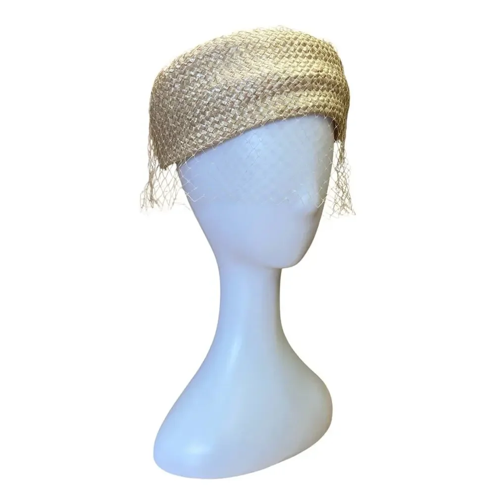 1950s Cream Straw Pillbox Hat | Vintage Veiled Wedding Church Cocktail Hat